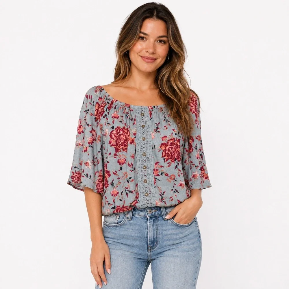 Mudd Blouse Medium Blue Red Floral Boho Crochet Lace Elastic Waist Blouson